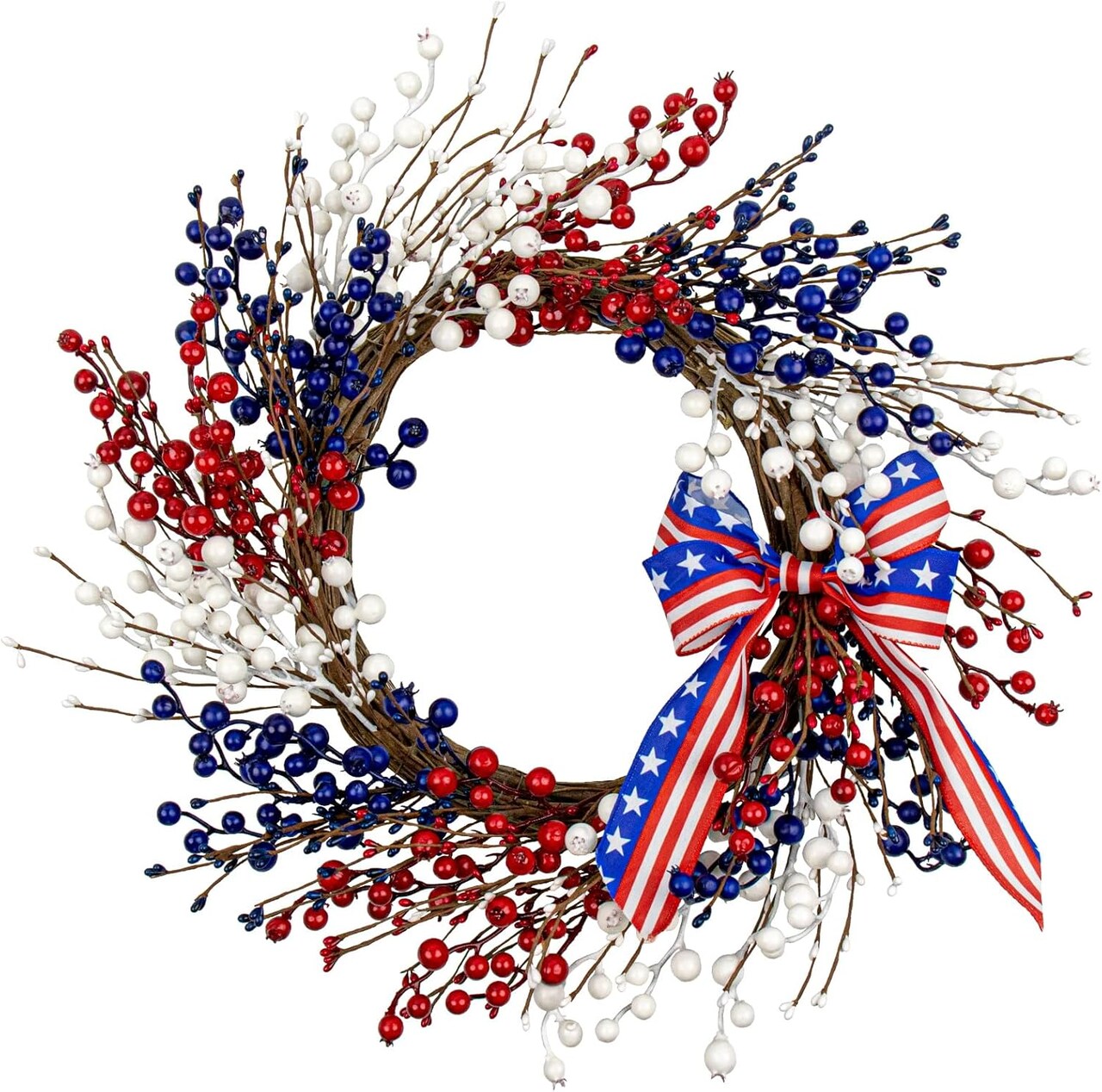 22" 4th of July Patriotic Wreath – Red, White & Blue Front Door Wreath with Bow for Independence Day, July 4th, Flag Day & Memorial Day